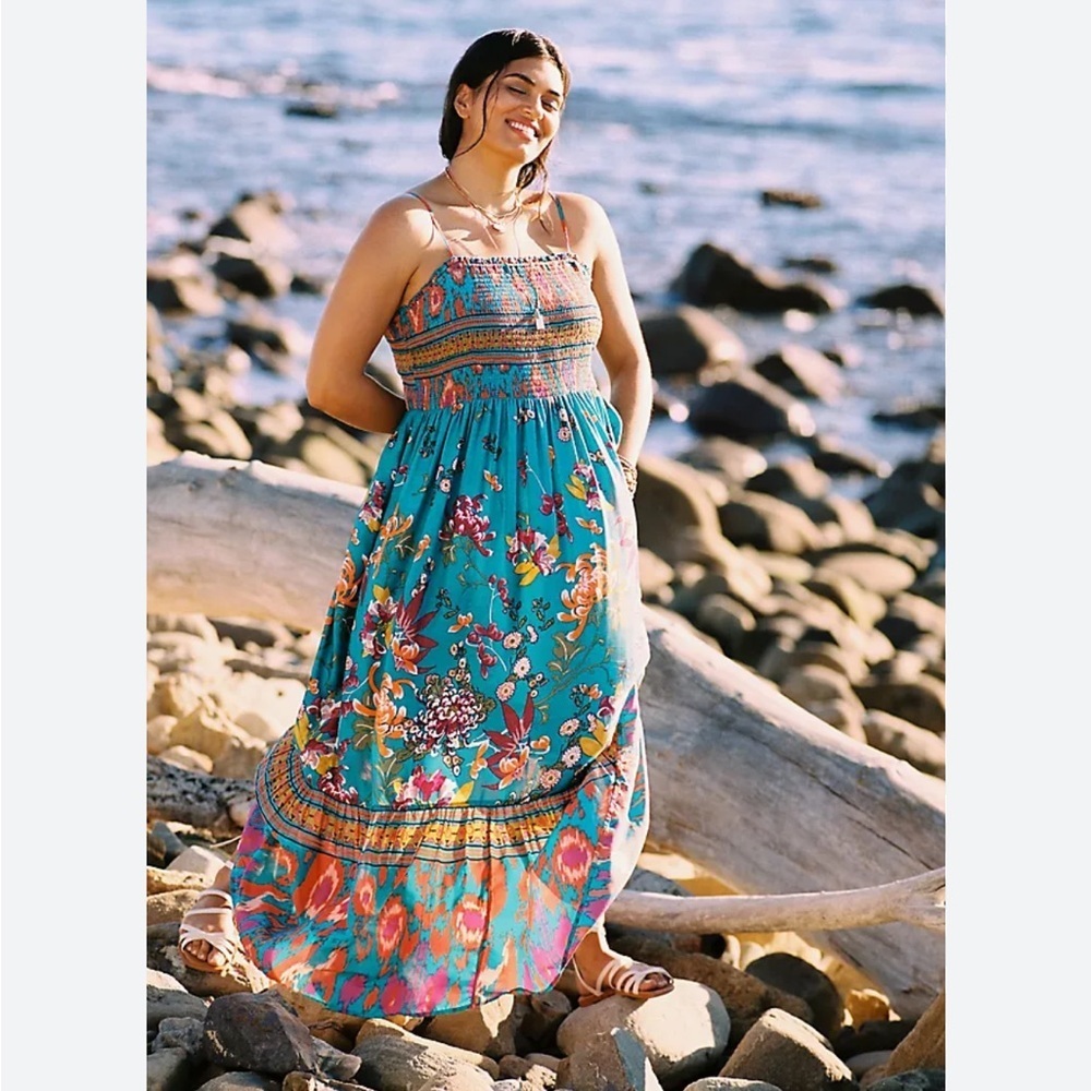 Anthropologie Smocked Sleep Turquoise Floral Smocked Maxi Dress Women’s Medium